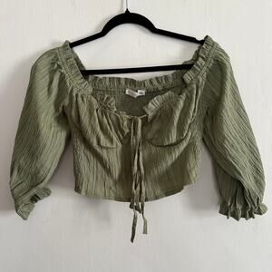 O. VIANCA | Green Ruched Puff Sleeve Corset Boustier Style Crop Top | Small